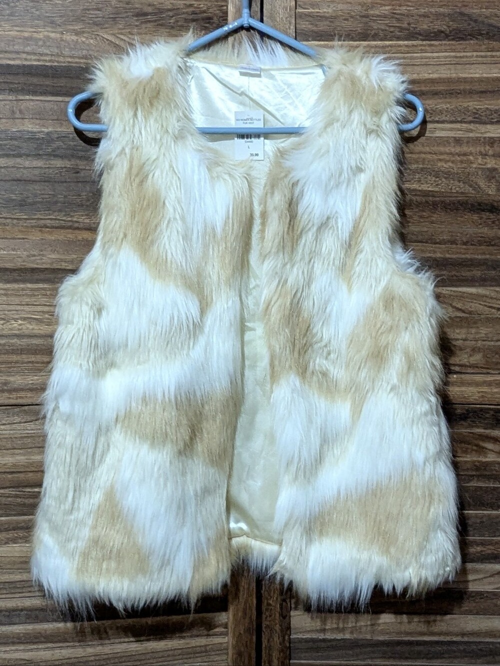 NWT Faux Fur Block Print Sleeveless Vest - Cream & Tan Size L